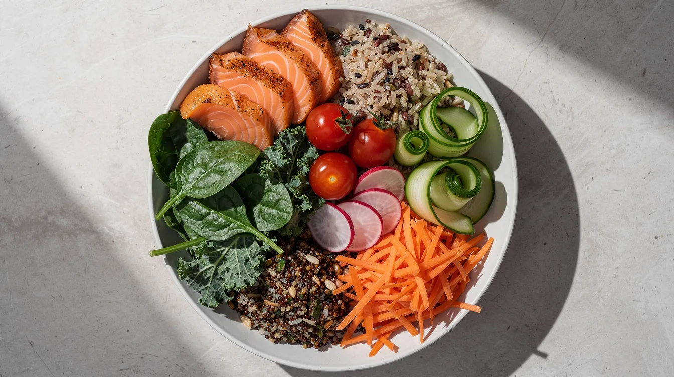 A vibrant bowl filled with fresh salmon, leafy greens, whole grains, and colorful vegetables showcases a nutritious meal that supports women's health. This dish emphasizes dietary choices that may help manage fibroids and maintain hormonal balance, steering clear of foods that could fuel fibroid growth, such as processed foods and high-fat dairy.