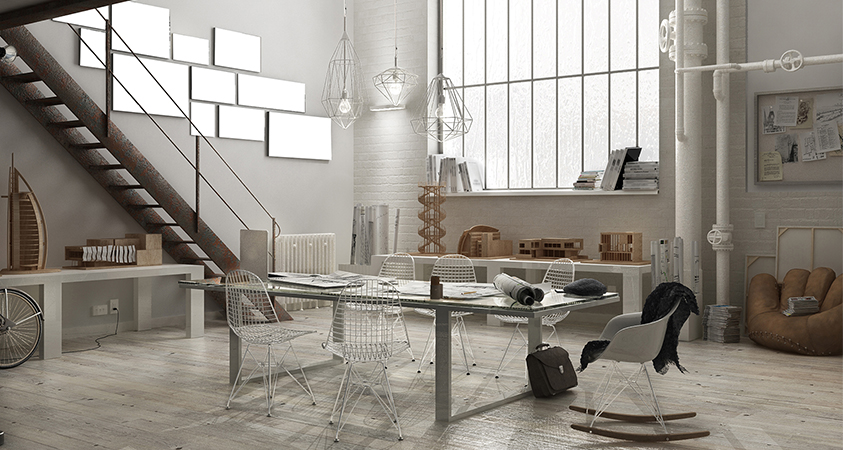 In this industrial dining room you can clearly see white painted pipes and bars across the back window. The rest of the room features white wire furniture, wooden décor and a distressed leather chair.