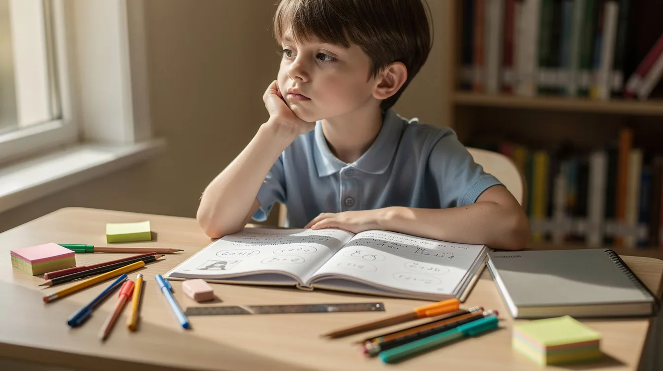 A child sits at a study desk, looking thoughtfully at an open workbook surrounded by scattered stationery, embodying a focused learning environment. This scene highlights the importance of tailored teaching methods to enhance learning and support diverse learning styles, particularly for children with autism spectrum disorders.