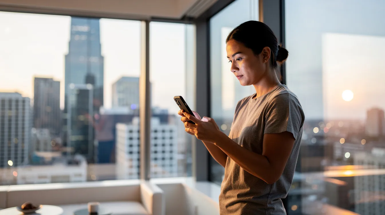A person is using a smartphone in a brightly lit room, with a stunning city skyline visible through a window. This scene reflects the convenience of sending money online, highlighting the ease of making international money transfers with just a few taps.