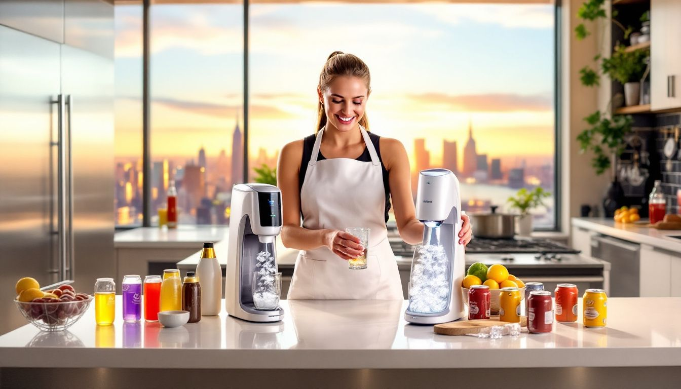 A person using a SodaStream sparkling water maker to create sparkling water.