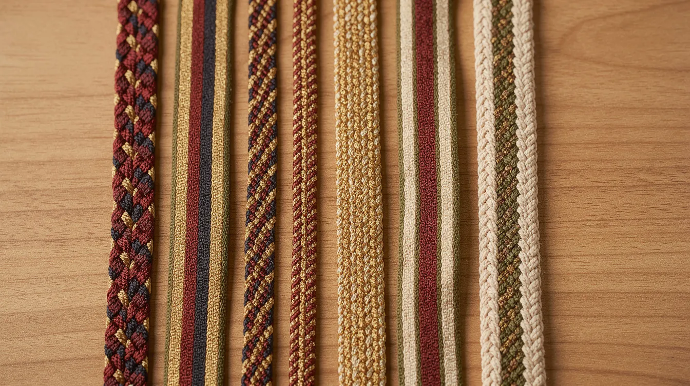 A close-up image shows several types of Japanese decorative cords, including sanada himo, displayed flat on a wooden surface. The cords vary in width and texture, showcasing their beauty and cultural significance, often used in traditional garments like kimono and yukata.