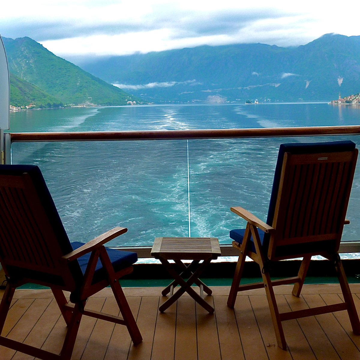 Cruise Ship Balcony with vcire of mountains in background