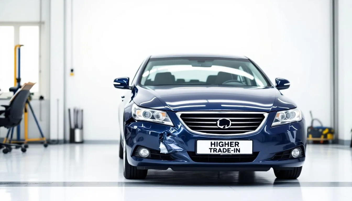 The image depicts a person evaluating their current vehicle, considering its trade-in value at a dealership.