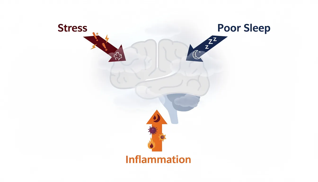 The diagram illustrates a brain at the center, surrounded by arrows labeled with stress, poor sleep, and inflammation, all converging to depict how these factors contribute to brain fog and cognitive dysfunction. This visual representation highlights the impact of lifestyle factors and health conditions on mental clarity and cognitive function.