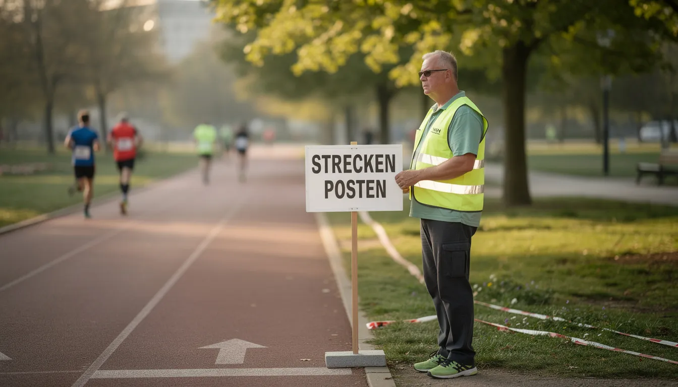 Ein Streckenposten in einer leuchtenden Warnweste hält ein Schild an einer Laufstrecke durch einen Park. Die Szene vermittelt den Eindruck von Organisation und Sicherheit während eines Firmenlaufs, bei dem Mitarbeiter und Kollegen gemeinsam aktiv sind.