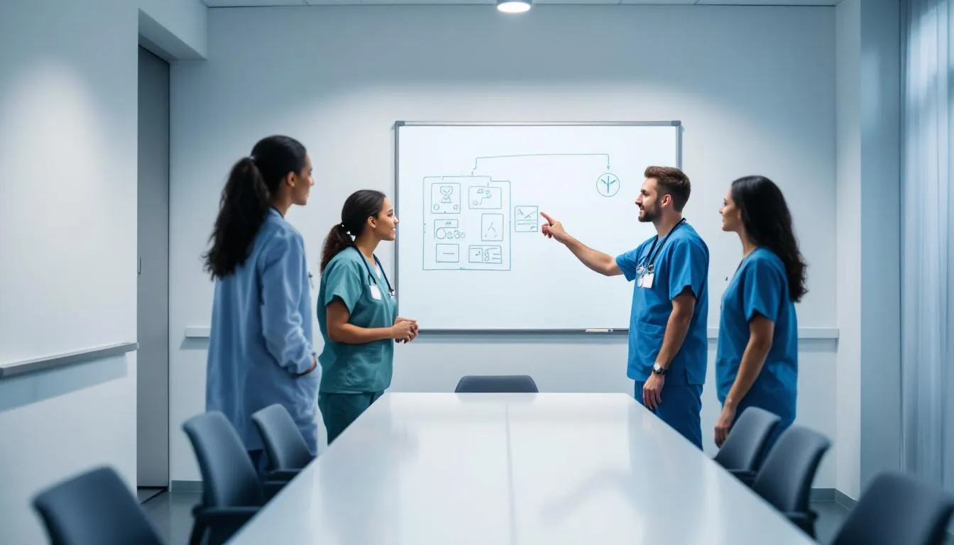 In a clinical setting, a diverse group of healthcare providers, including mental health professionals and primary care doctors, are engaged in a discussion about mental health services and treatment plans for patients with various mental health conditions. The collaborative atmosphere highlights their commitment to offering comprehensive support and resources for mental health care.