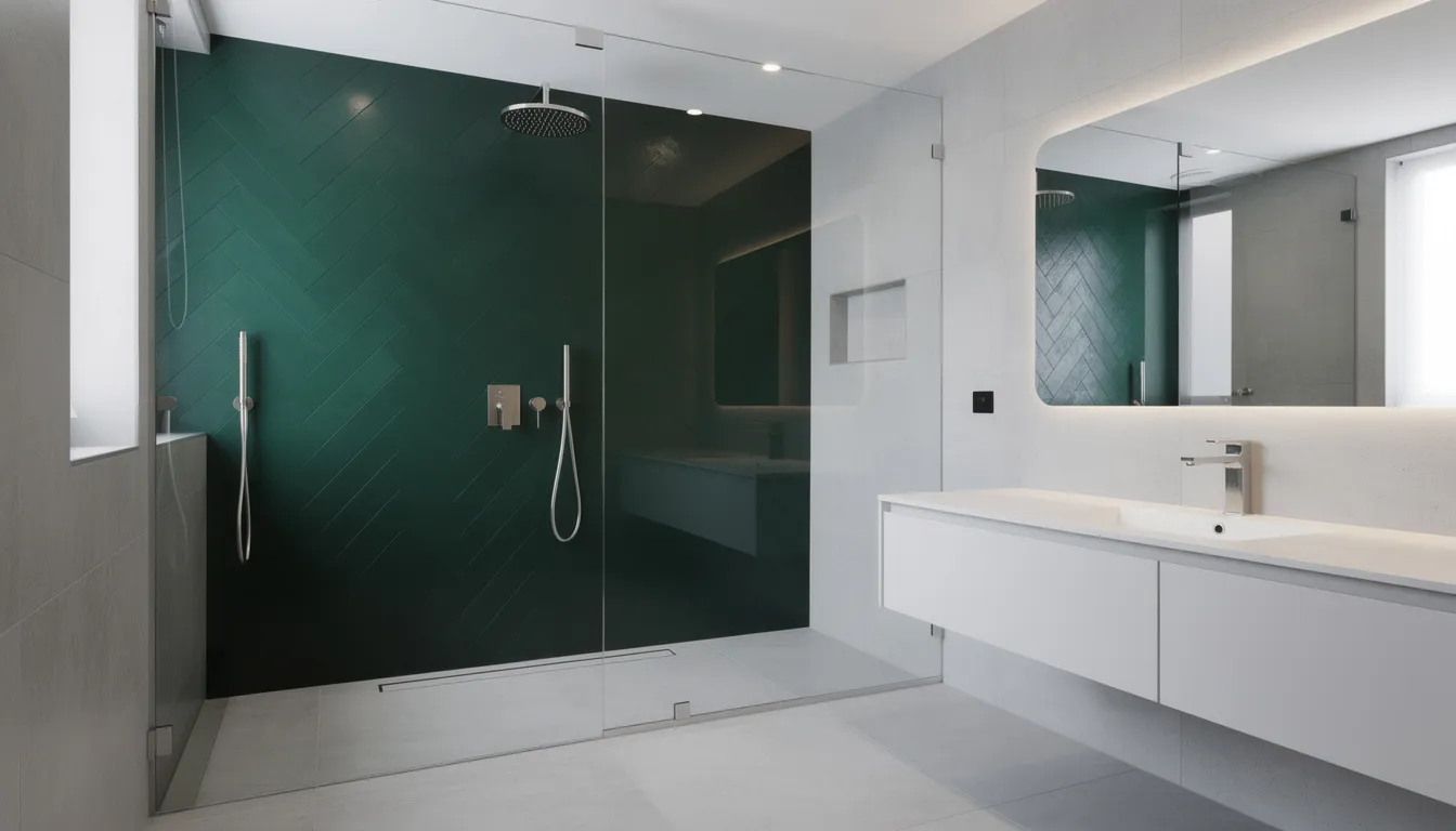 Een strakke badkamer met donkergroene SPC visgraat wandpanelen achter een inloopdouche, voorzien van een regendouchekop. De luxe uitstraling van de wandpanelen geeft deze ruimte een moderne en natuurlijke sfeer.