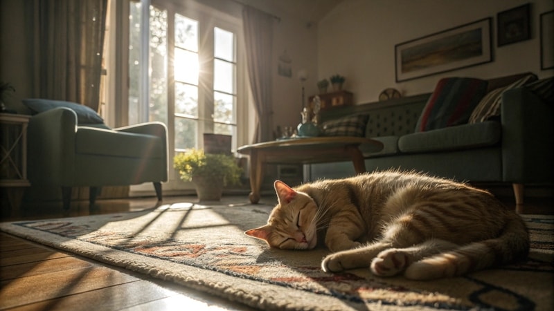 A cat sleeping at daytime in a cozy living room