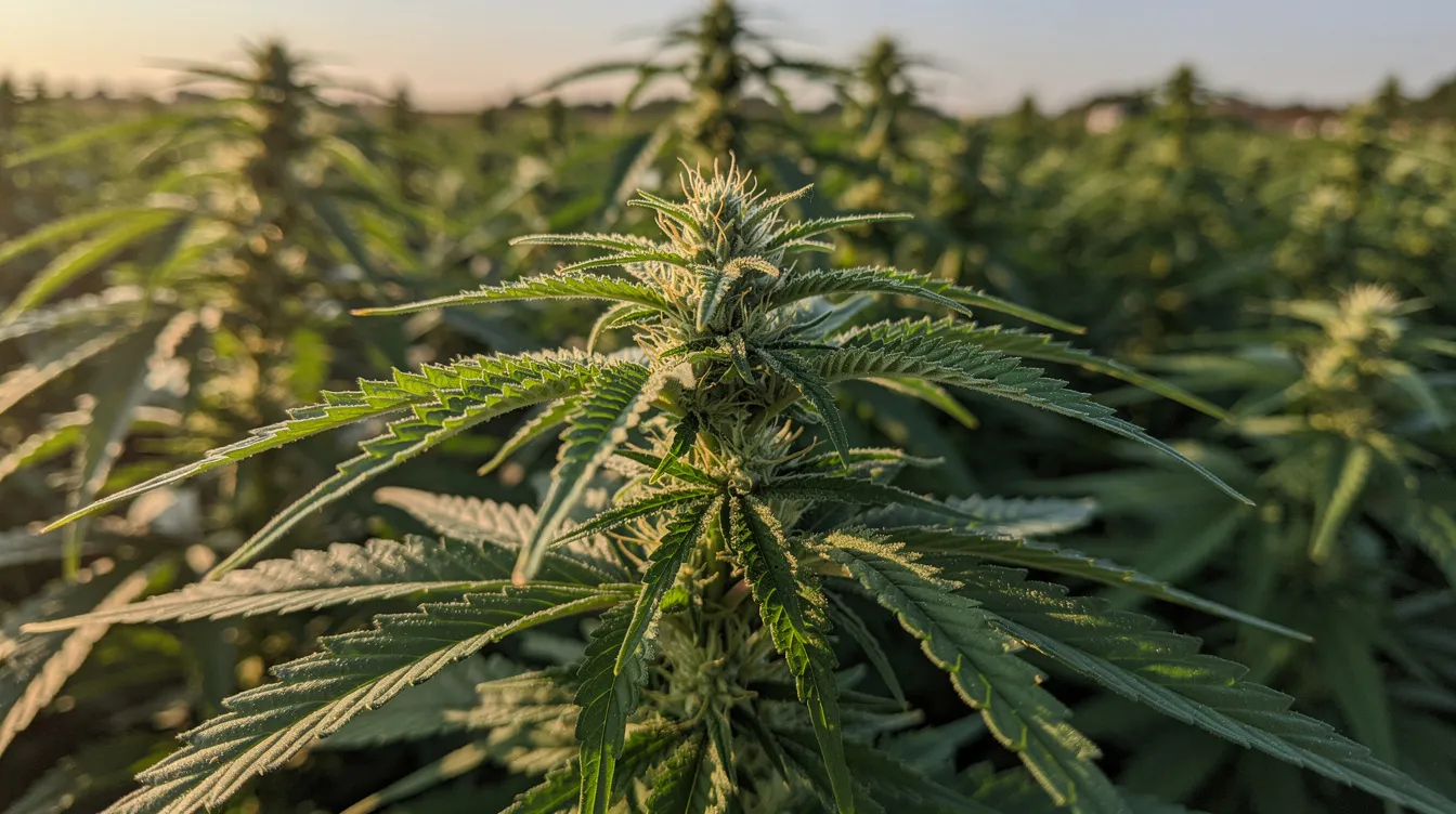 A close-up view of vibrant green hemp plants thriving in a sunlit outdoor field, showcasing the raw hemp flower in its natural state. This image highlights the growth of legal hemp, which meets federal hemp standards, and is significant for those exploring hemp-derived THC products and the evolving THCA legality in Wisconsin.