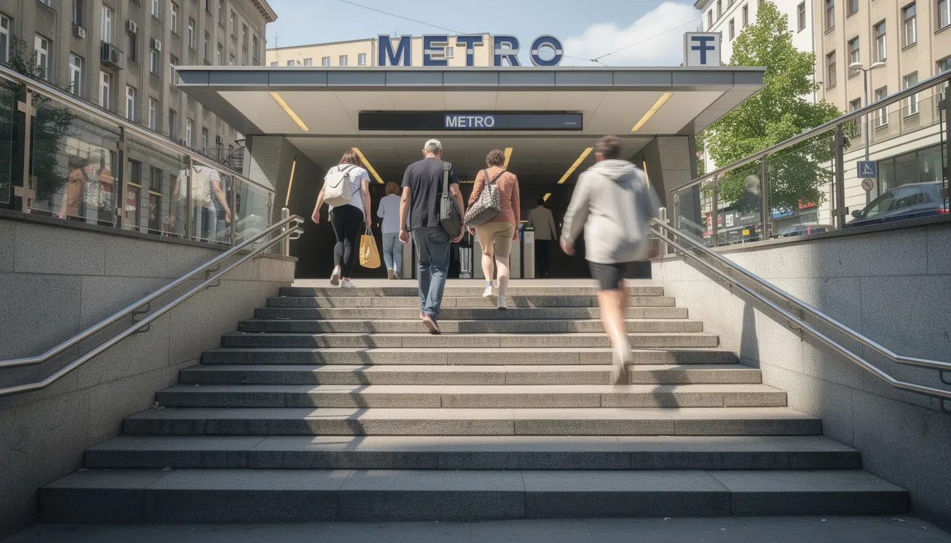 Na zdjęciu widać wejście do stacji metra w Warszawie, gdzie ludzie wchodzą po schodach. Scena przedstawia ruchliwe otoczenie, typowe dla dzielnicy Żoliborz, z charakterystycznym klimatem przedwojennych kamienic.