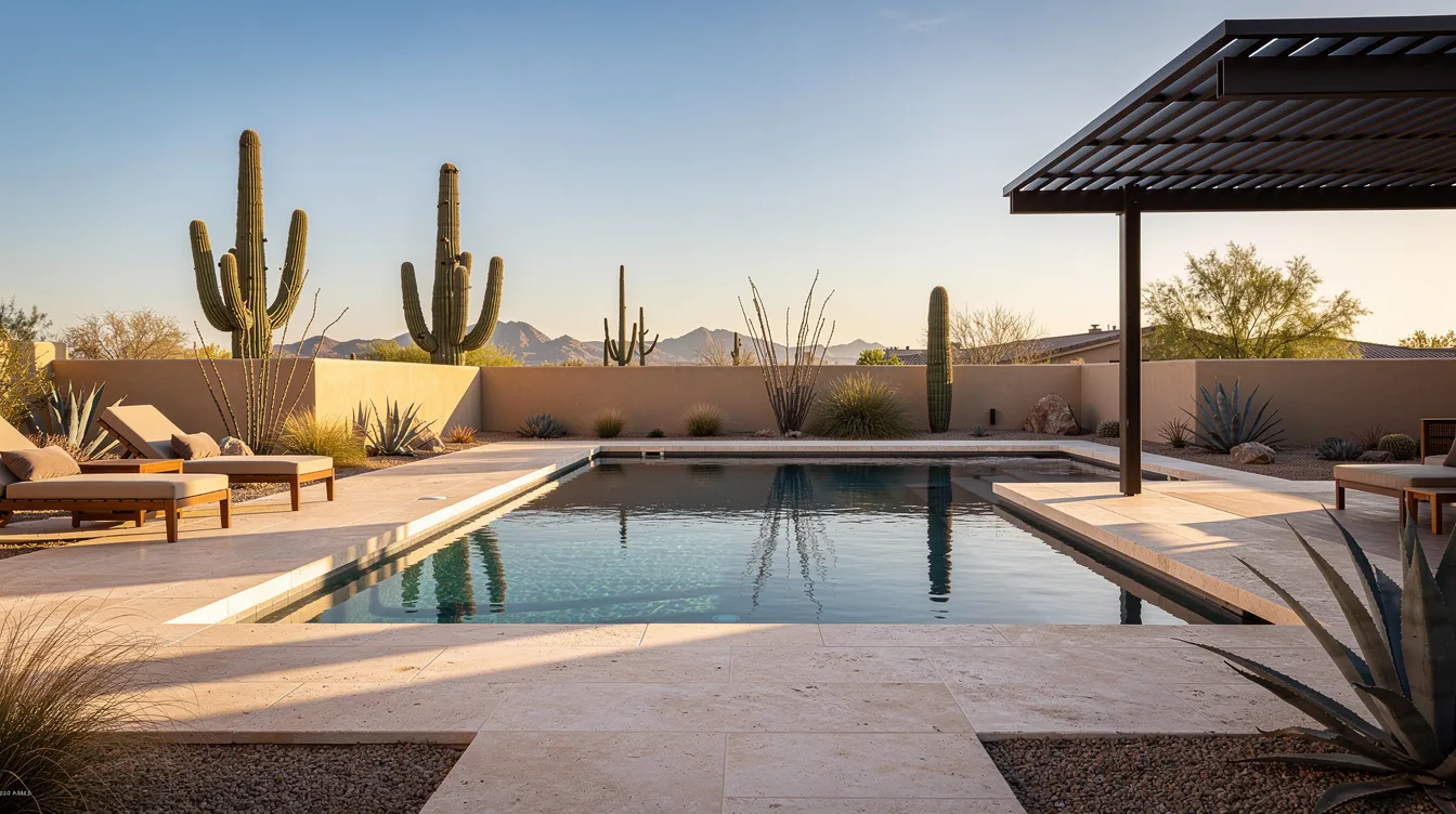 A light ivory travertine pool deck encircles a shimmering blue swimming pool, set in a Scottsdale-style backyard featuring desert landscaping with carefully arranged flower beds and a shade structure. This outdoor space showcases quality hardscaping that enhances the property’s beauty and provides an inviting area for family and friends to enjoy.