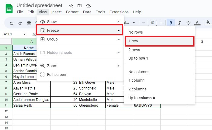 Freeze the cells in the header row. By freezing the header row, it will remain visible as you work within the spreadsheet.