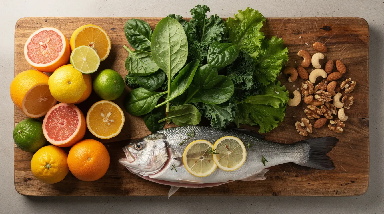 The image showcases a vibrant spread of whole foods on a wooden cutting board, featuring an assortment of citrus fruits, leafy greens, nuts, and fish, all of which contribute to overall health and well-being. This colorful arrangement emphasizes the importance of good nutrition and healthy habits for skin health, metabolic health, and cognitive function.