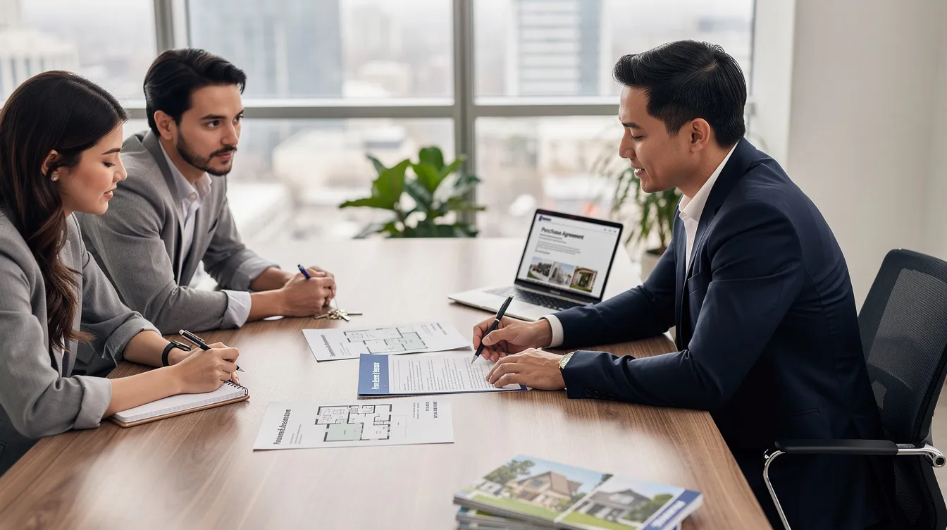A real estate agent meets with clients at a table, reviewing important documents related to selling an inherited property. The discussion likely includes topics such as capital gains taxes, fair market value, and the probate process, ensuring the clients are informed about the implications of their real estate transaction.