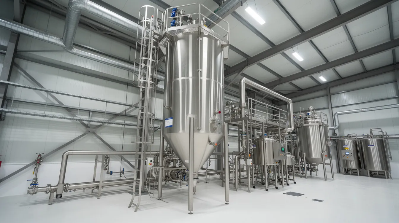 The image depicts a large industrial spray dryer tower within a dairy processing facility, showcasing stainless steel equipment and extensive piping. This setup is crucial for the milk powder manufacturing process, particularly in the production of skimmed milk powder and whole milk powder, which are essential products in the global milk powder industry.