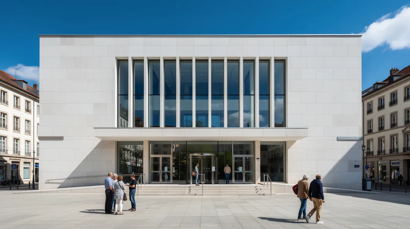 Een gemeentehuis op een heldere dag met mensen die bij de ingang staan te wachten. Dit gebouw is een belangrijke plek voor het registreren van burgerlijke staat en het afsluiten van huwelijkscontracten en partnerschappen.
