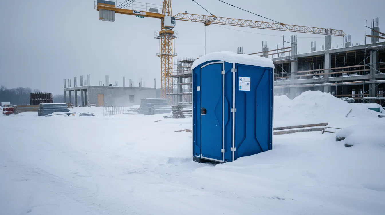 Kuvassa näkyy siirrettävä wc lumisella rakennustyömaalla talvisessa maisemassa. Taustalla on pehmeästi lumipeitteinen ympäristö, joka luo rauhallisen tunnelman.