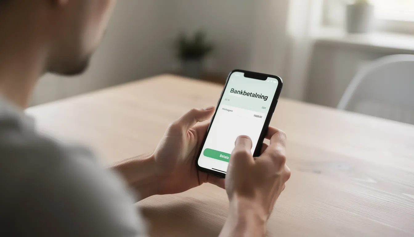 En person sitter och använder sin smartphone för att göra en bankbetalning, troligen en insättning med Mastercard till ett online casino. Skärmen visar en betalningsapp där användaren kan ange belopp och välja betalningsmetod.