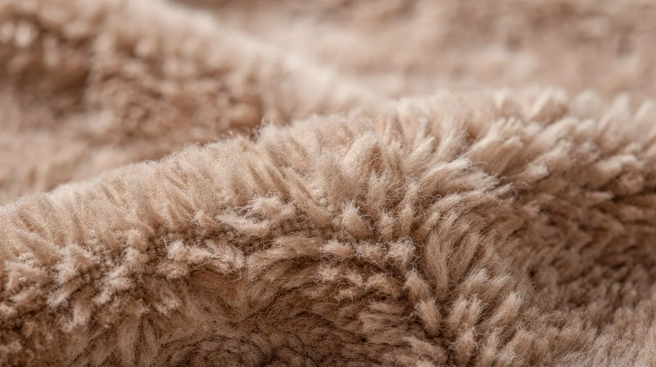 Närbild på mjukt teddytyg i en ljus beige nyans, där den synliga texturen och luggen framhäver materialets komfort och kvalitet. Denna typ av tyg används ofta i produkter som pallar och puffar, vilket ger en extra mjuk känsla.