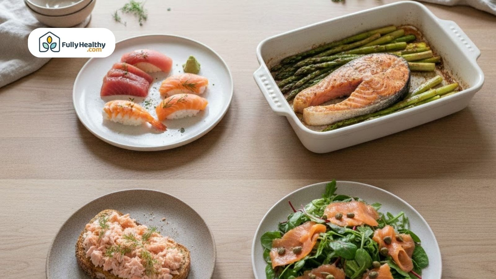 Various salmon dishes including sushi salad and baked fillet