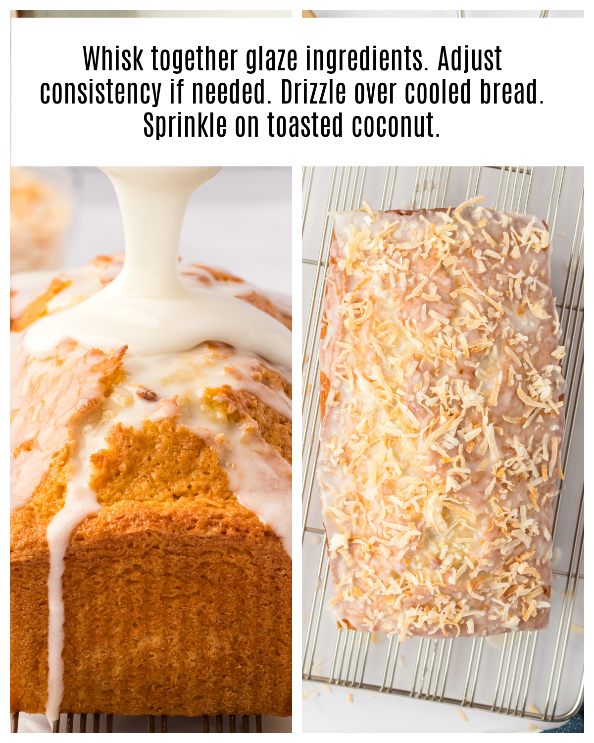 coconut glaze drizzled over coconut bread and topped with toasted shredded coconut