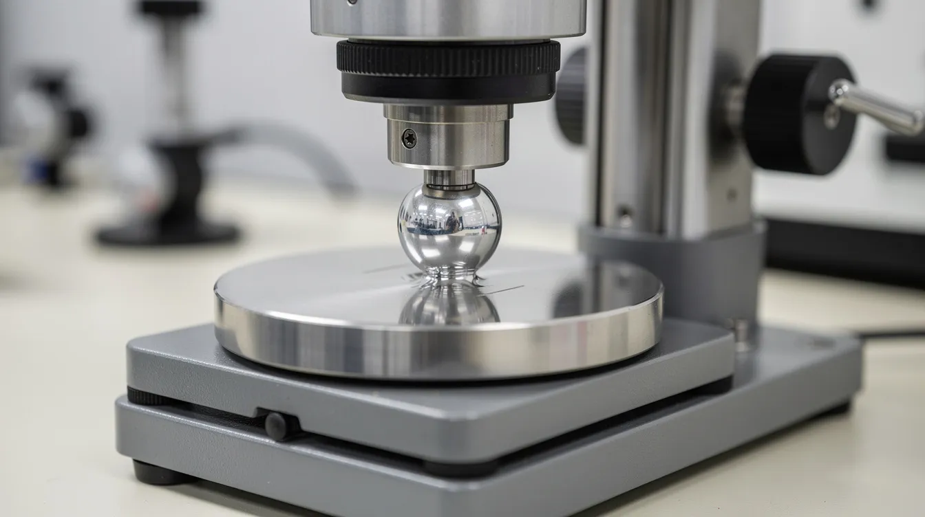 A close-up photograph shows a hardness testing machine featuring a spherical steel ball indenter pressing into a polished metal specimen on a laboratory bench, illustrating the brinell hardness test used to measure the material's resistance and strength. The image highlights the precise indentation process critical for determining the brinell hardness number (BHN) of various metals and alloys.
