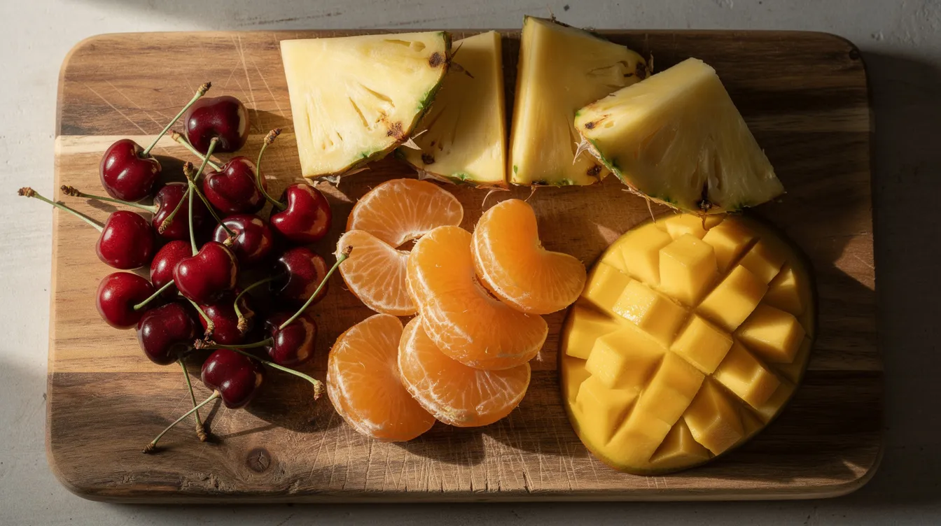 An arrangement of fresh cherries, tangerine slices, mango pieces, and pineapple wedges is beautifully displayed on a wooden cutting board, showcasing a vibrant and fruity medley that evokes tropical notes. The bright colors and crisp textures of the fruits suggest a refreshing and uplifting flavor profile, reminiscent of the tropicana cherry strain.