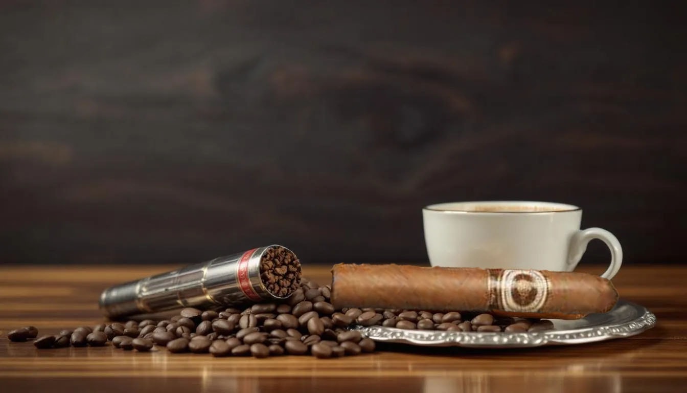 A selection of coffee and a cigar, representing pairing recommendations.