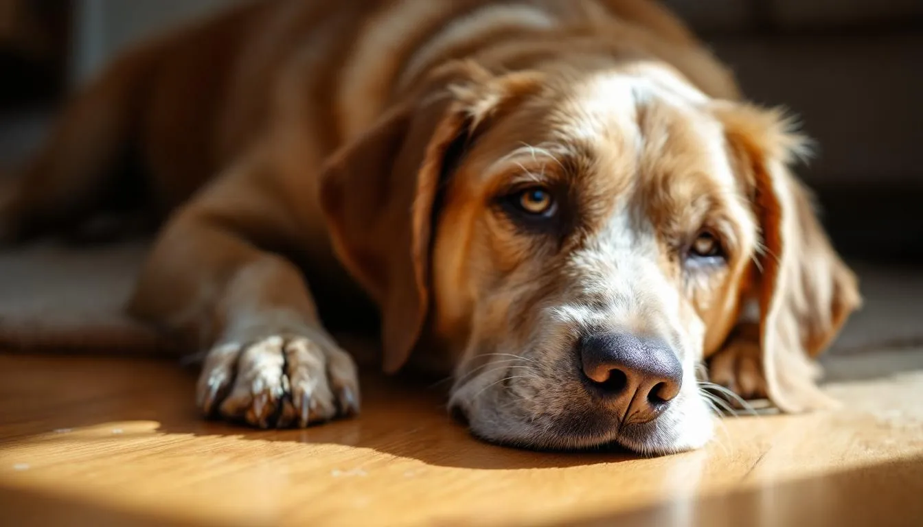 A senior dog with a gentle expression is carefully lowering itself to lie down, showcasing relaxed body language and a tucked tail. The dog's deep breath and soft sigh indicate a feeling of contentment and comfort as it settles down.
