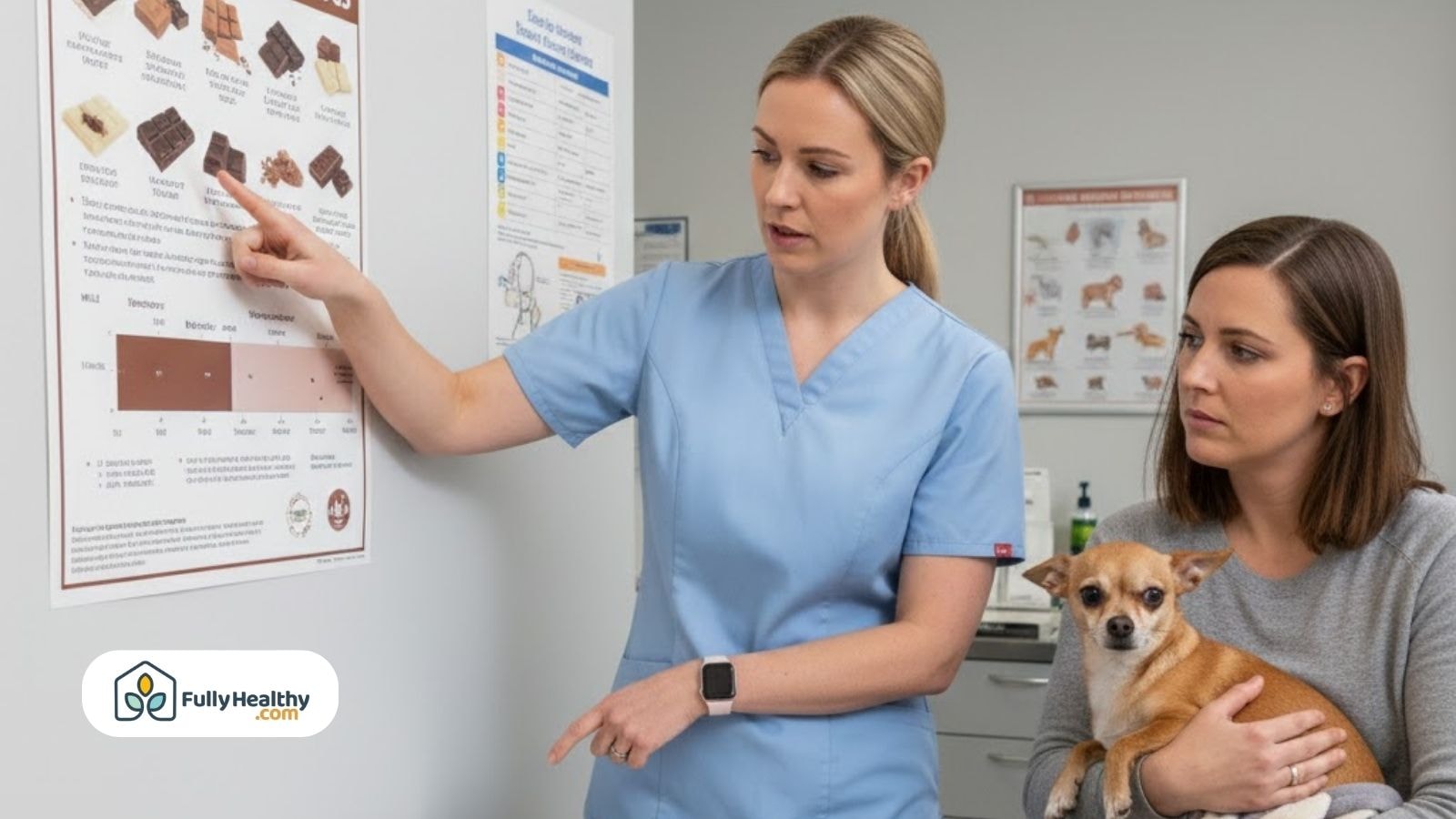 Veterinarian explaining chocolate toxicity chart to concerned dog owner