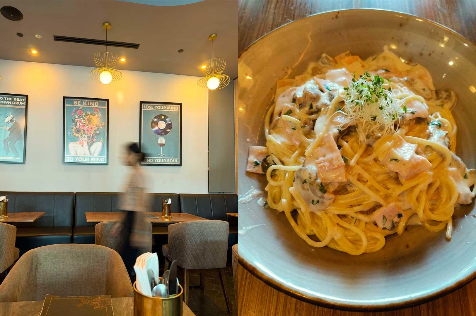 Left Panel: A chic restaurant interior featuring dark leather banquet seating, grey upholstered armchairs, wooden tables with brass cutlery holders, wireframe pendant cage lights, and framed pop-art prints mounted on a light grey wall. Right Panel: A top-down close-up of a wide grey ceramic bowl filled with creamy spaghetti tossed with chopped ham, sliced mushrooms, and herbs, garnished with fresh microgreens and alfalfa sprouts on top.