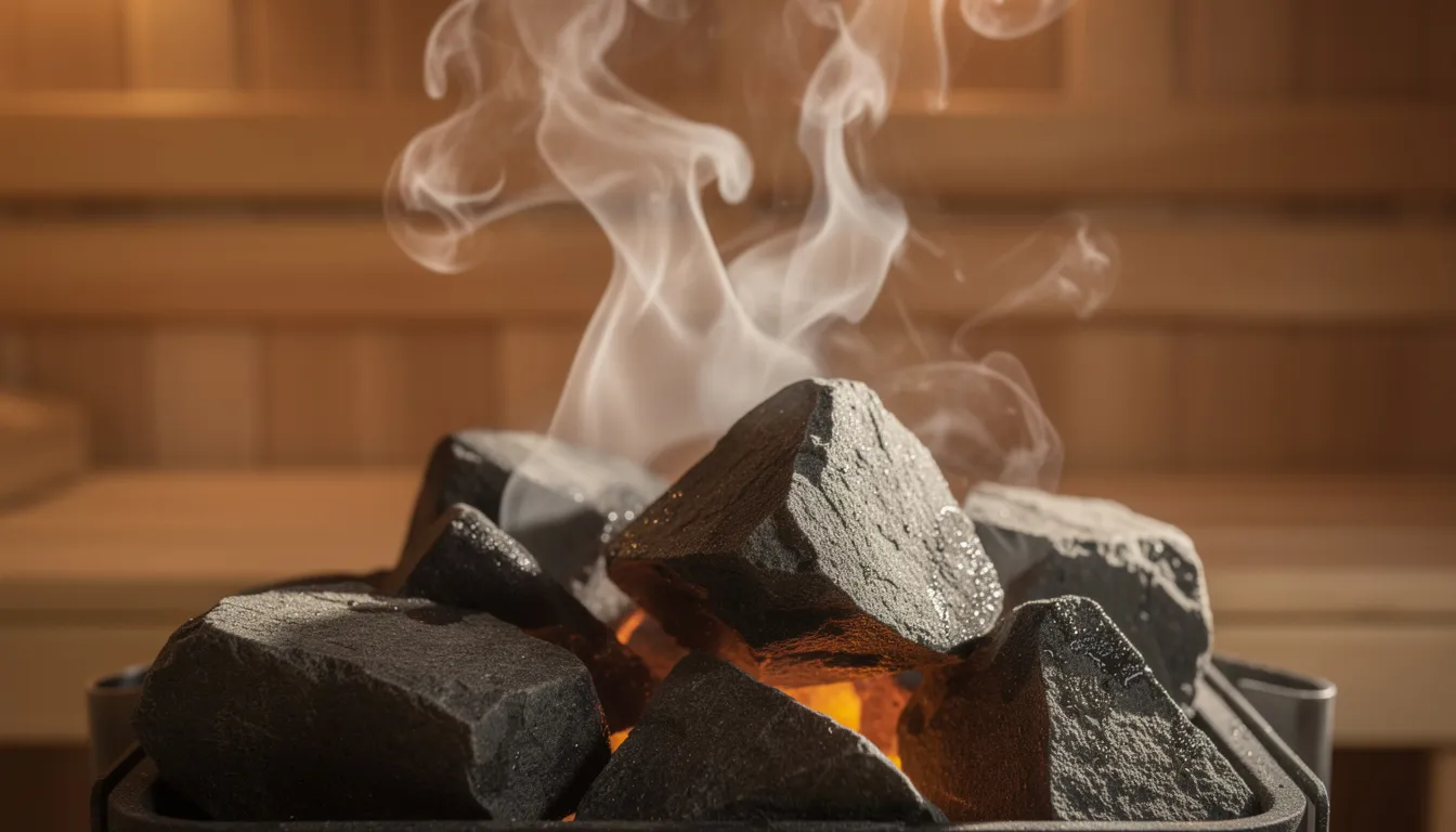 The image depicts steam rising from hot sauna stones, with wooden benches in the foreground, creating a serene atmosphere ideal for sauna bathing. This setting is associated with numerous health benefits, including improved blood circulation and relaxation, as part of a hot and cold therapy routine for overall well-being.