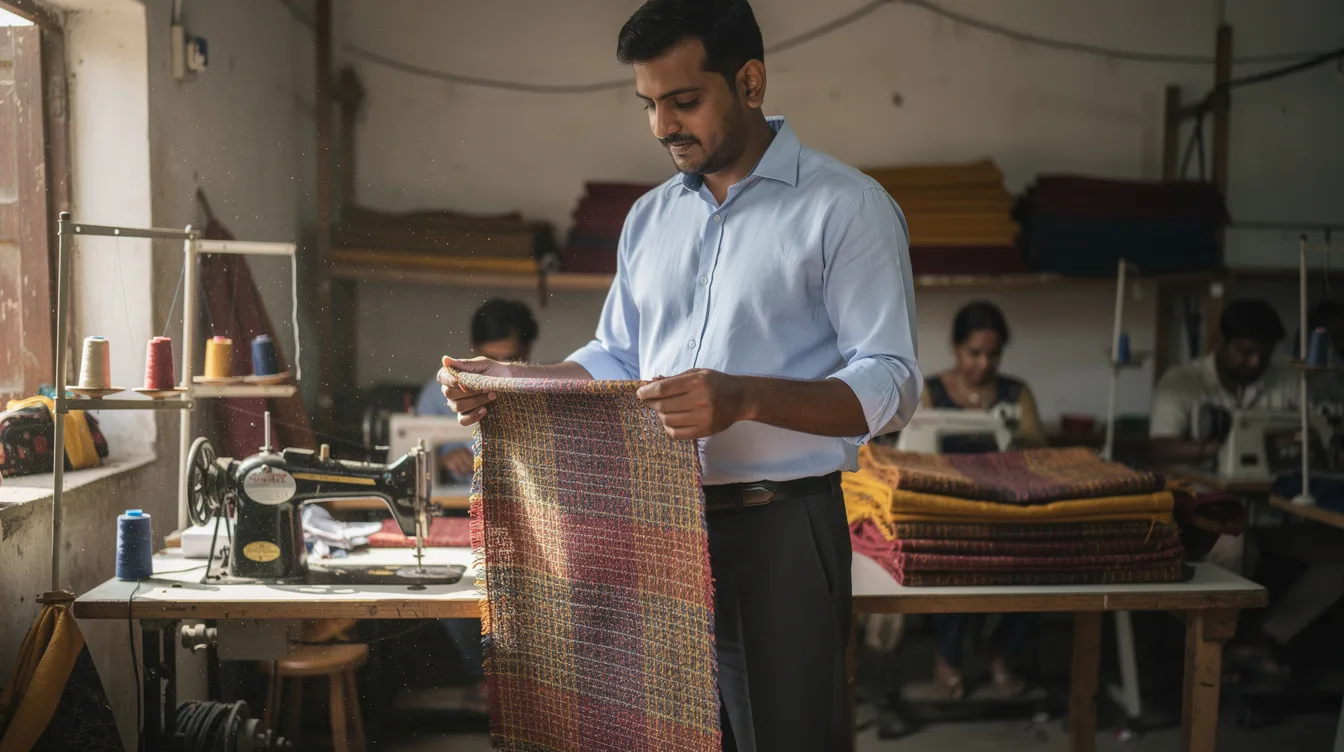 An Indian entrepreneur is closely inspecting the quality of woven fabric in a small textile workshop, highlighting the importance of quality control in the textile manufacturing process. This scene reflects the dedication required to succeed in the competitive textile industry and the pursuit of profitable textile business ideas.