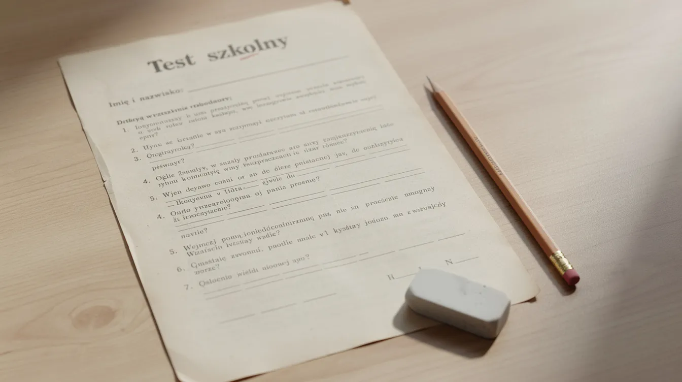 Na drewnianym biurku leży stary test z historii dla klasy 5, dotyczący pierwszych cywilizacji, obok znajduje się ołówek i gumka. Dokument przypomina o tematach związanych z społeczeństwem średniowiecza oraz starożytnym Rzymie.