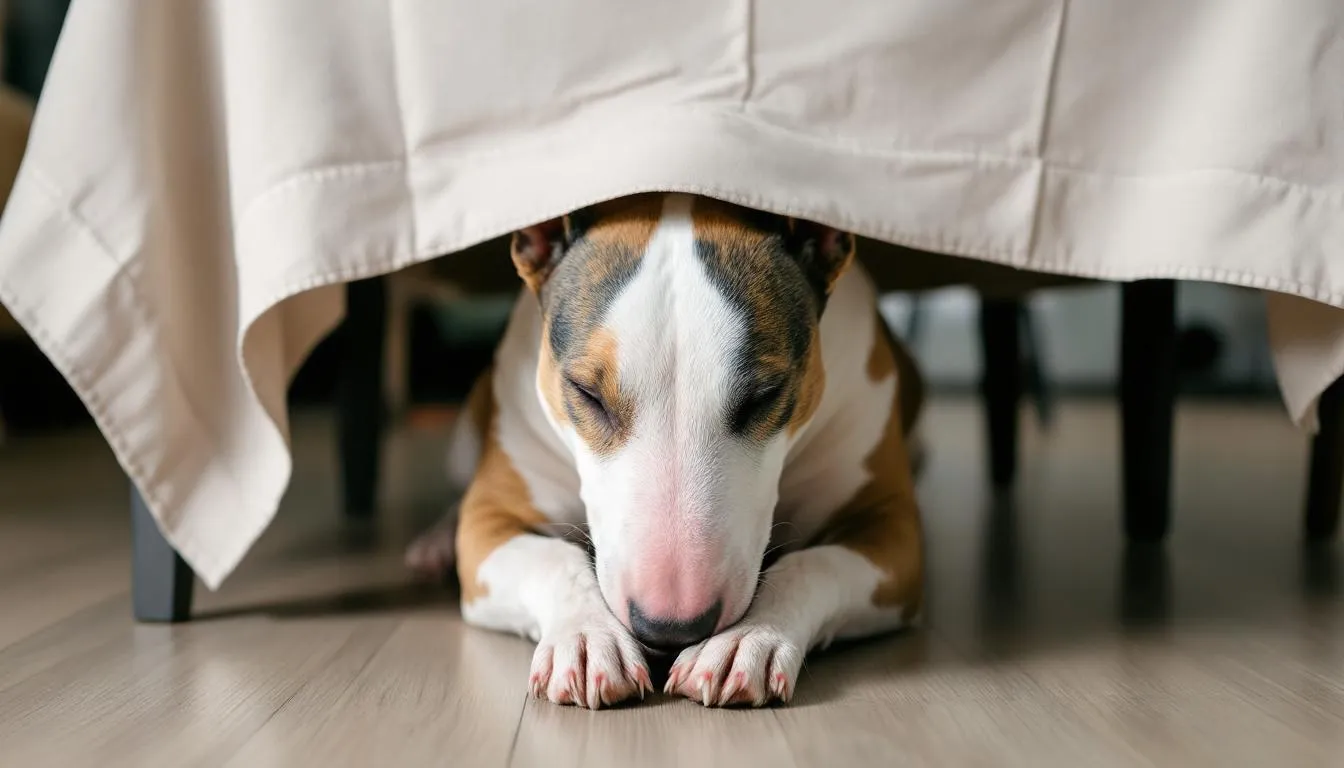A Bull Terrier is seen in a trance-like state, standing under a low-hanging tablecloth, with its body still and focused, displaying typical trancing behavior often observed in certain dog breeds. This peculiar posture may be a sign of dog trancing symptoms, which can sometimes indicate underlying compulsive disorders.
