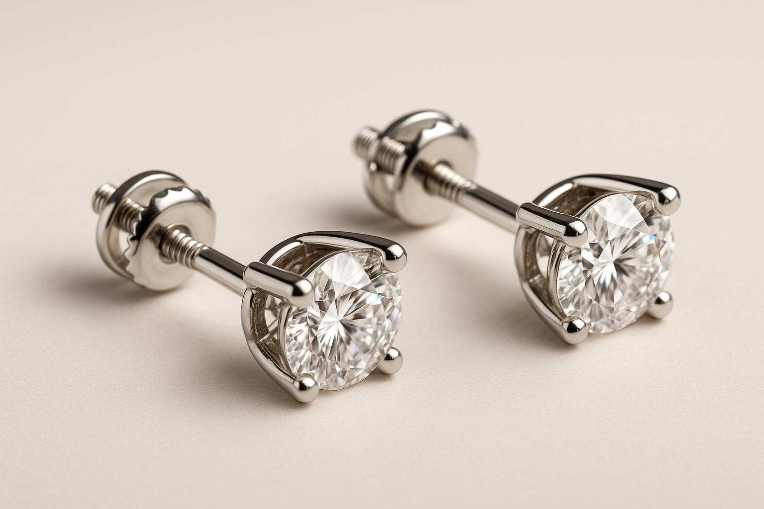 Balto aukso auskarai vinukai su deimantais, parodyti su užsukamu užsegimu ir srieginėmis kojelėmis, elegantiškai pabrėžiant deimantų spindesį.