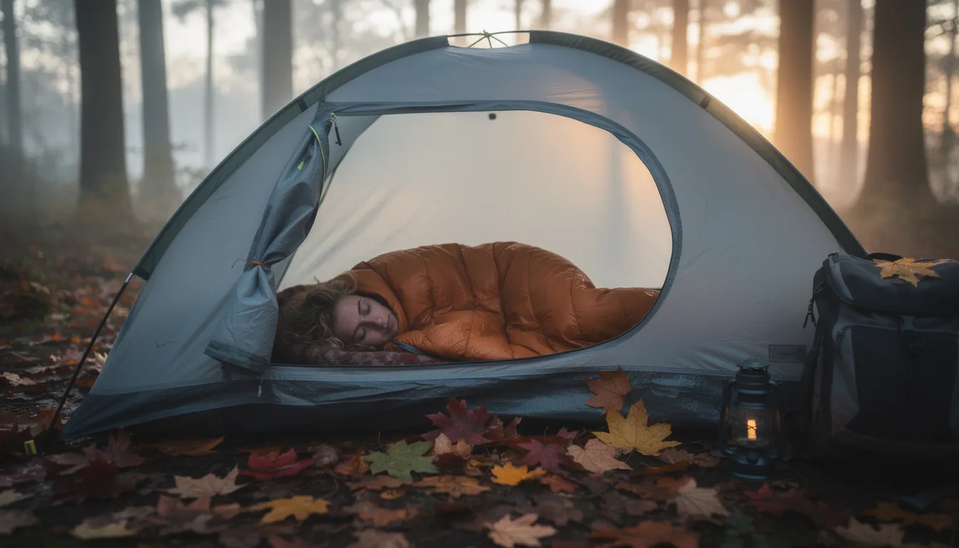 A camper is peacefully sleeping inside a tent, wrapped in a cozy sleeping bag, as the cool autumn morning light filters through the tent fabric, creating a serene camping atmosphere. The scene captures the essence of a perfect night spent in nature, highlighting the comfort of a classic sleeping bag.