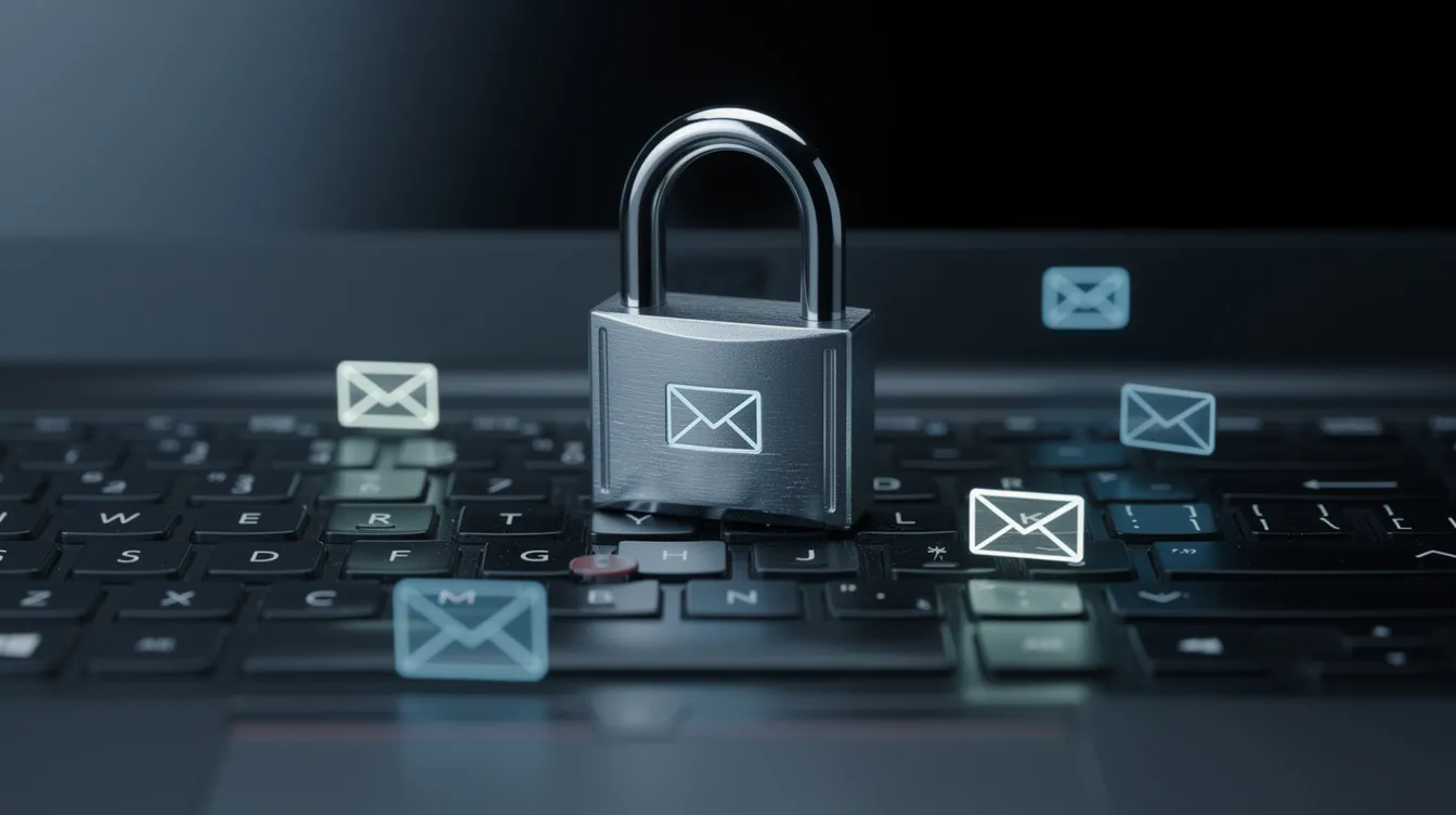 The image depicts a padlock resting on a laptop keyboard, symbolizing the importance of email security in protecting against unwanted emails and phishing attacks. This visual emphasizes the need to safeguard personal details and avoid responding to suspicious emails to maintain a secure email account.