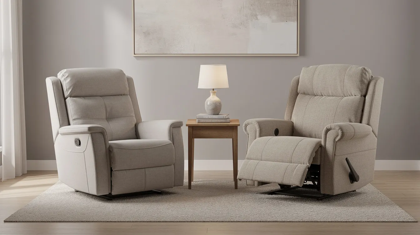 The image features a modern power recliner and a manual recliner in a neutral living room, showcasing coordinated upholstery and a stylish side table. This setup highlights the importance of selecting the right recliners that fit your room layout and provide ultimate comfort for everyday use, whether for relaxation or watching TV.