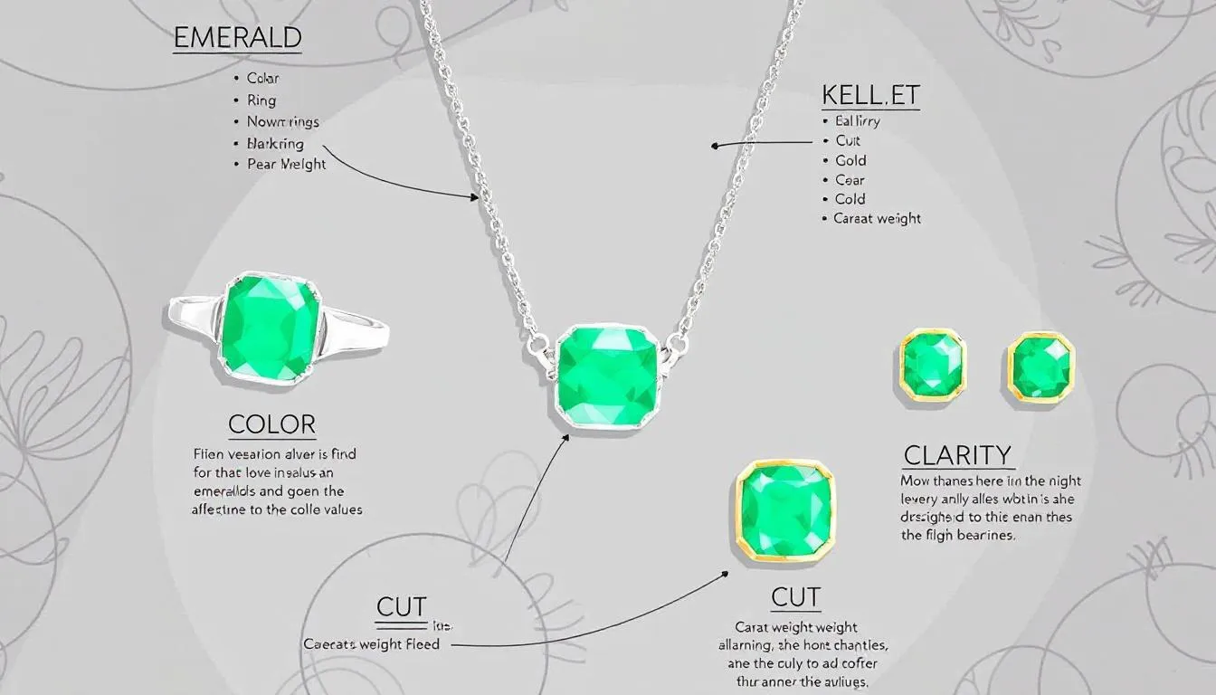 The image showcases a stunning collection of emerald jewellery, featuring elegant emerald earrings and a beautiful emerald pendant set against a backdrop of yellow gold and sterling silver. This exquisite assortment highlights the unique beauty of emeralds, making them a perfect gift for any occasion.