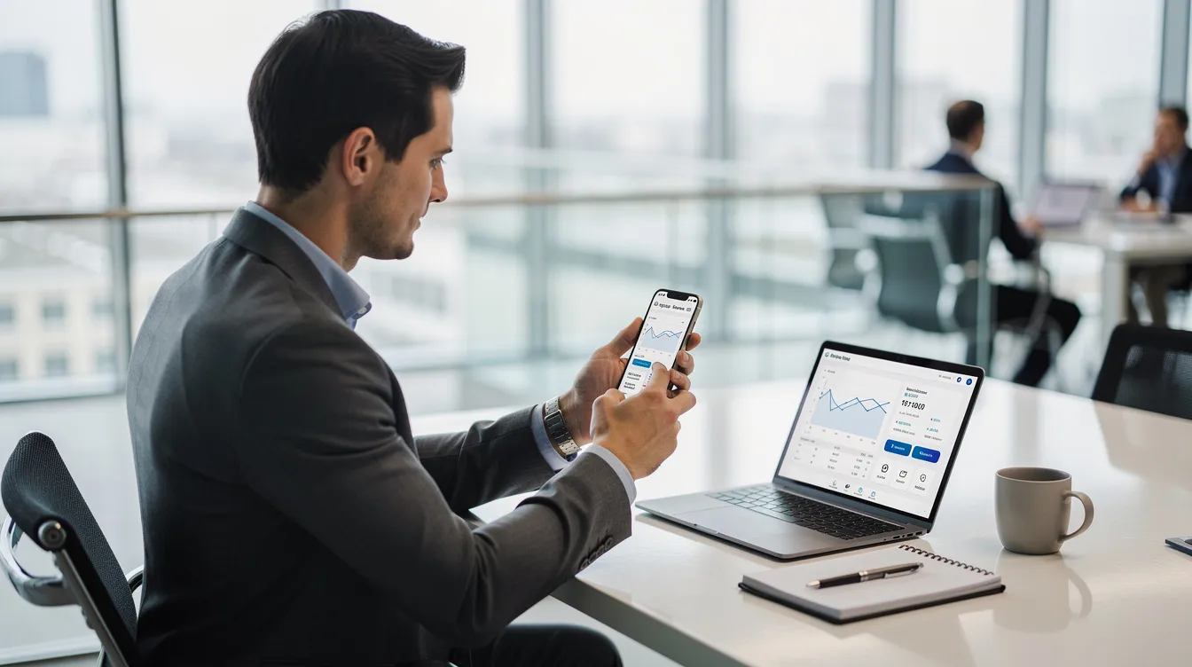 A professional person, likely a 公務員, is sitting in a modern office, using a smartphone to complete a 貸款申請 for a financial product. The individual appears focused on the application, which may involve details like 利率低 and 每月還款額.