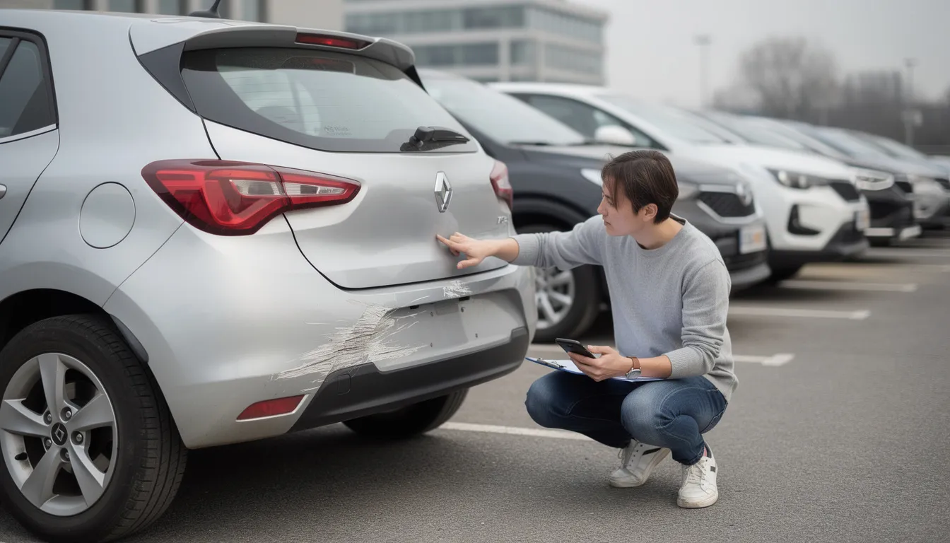 Une voiture de location est inspectée, mettant en évidence une rayure visible sur le pare-chocs avant. Cette situation souligne l'importance de vérifier l'état du véhicule avant de profiter des services de location, notamment ceux offerts par des partenaires haut de gamme comme Mastercard World Elite.