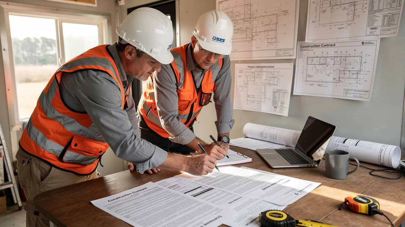 Two construction professionals in hard hats review contract documents at a jobsite trailer desk.