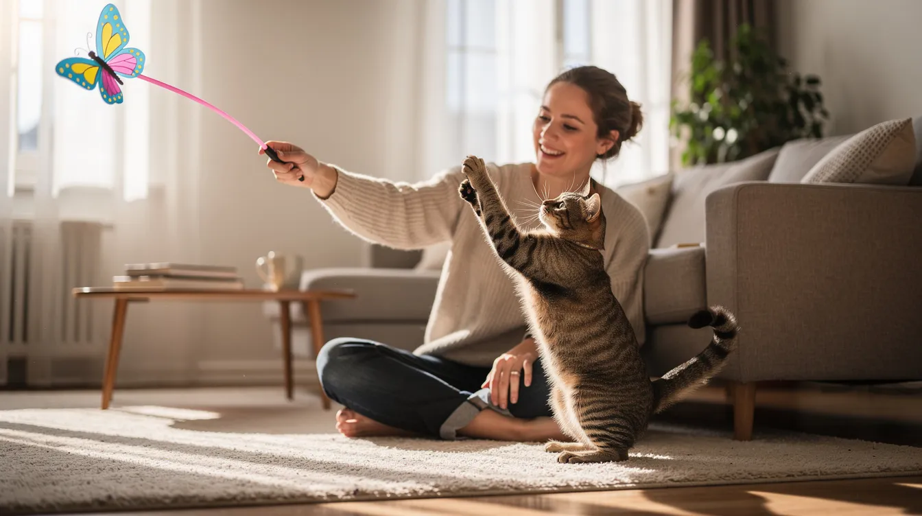 A person is sitting on a living room floor, waving a long wand toy with a colorful butterfly at the end, while a playful cat eagerly reaches up to catch the fluttering butterfly cat toy. The scene captures the fun and interactive playtime between the person and their kitty.