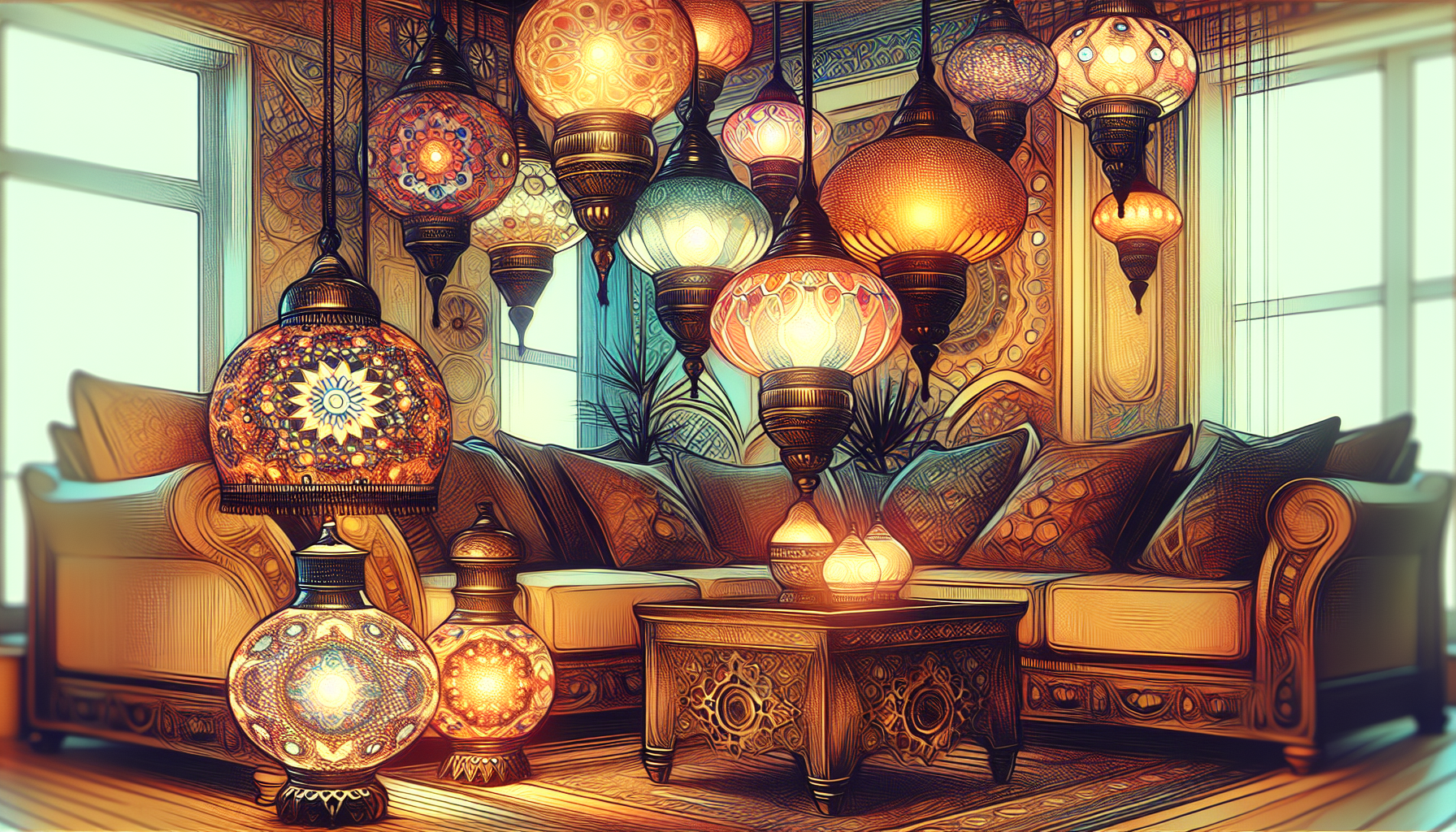 Decorative illustration of Turkish and Moroccan lamps in a stylish living space