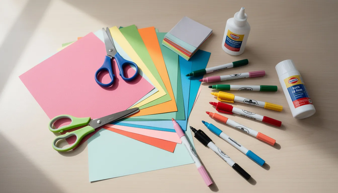 Na biurku rozłożone są kolorowe przybory plastyczne, w tym nożyczki, papier, flamastry i klej, które mogą być użyte do ciekawego zaprezentowania różnych informacji w interaktywnej teczce lub lapbooku z lektury. Uczniowie mogą wykorzystać te materiały do twórczej pracy i uporządkowania wiedzy na dany temat.