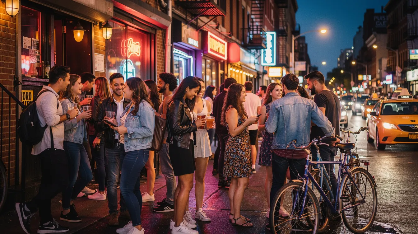 The image captures a vibrant scene of nightlife in the East Village, where groups of people are mingling outside various bars, enjoying drinks and laughter. The atmosphere is lively, with soft lighting and a mix of singles and friends gathering to socialize, embodying the fun and energetic vibe of NYC bars.