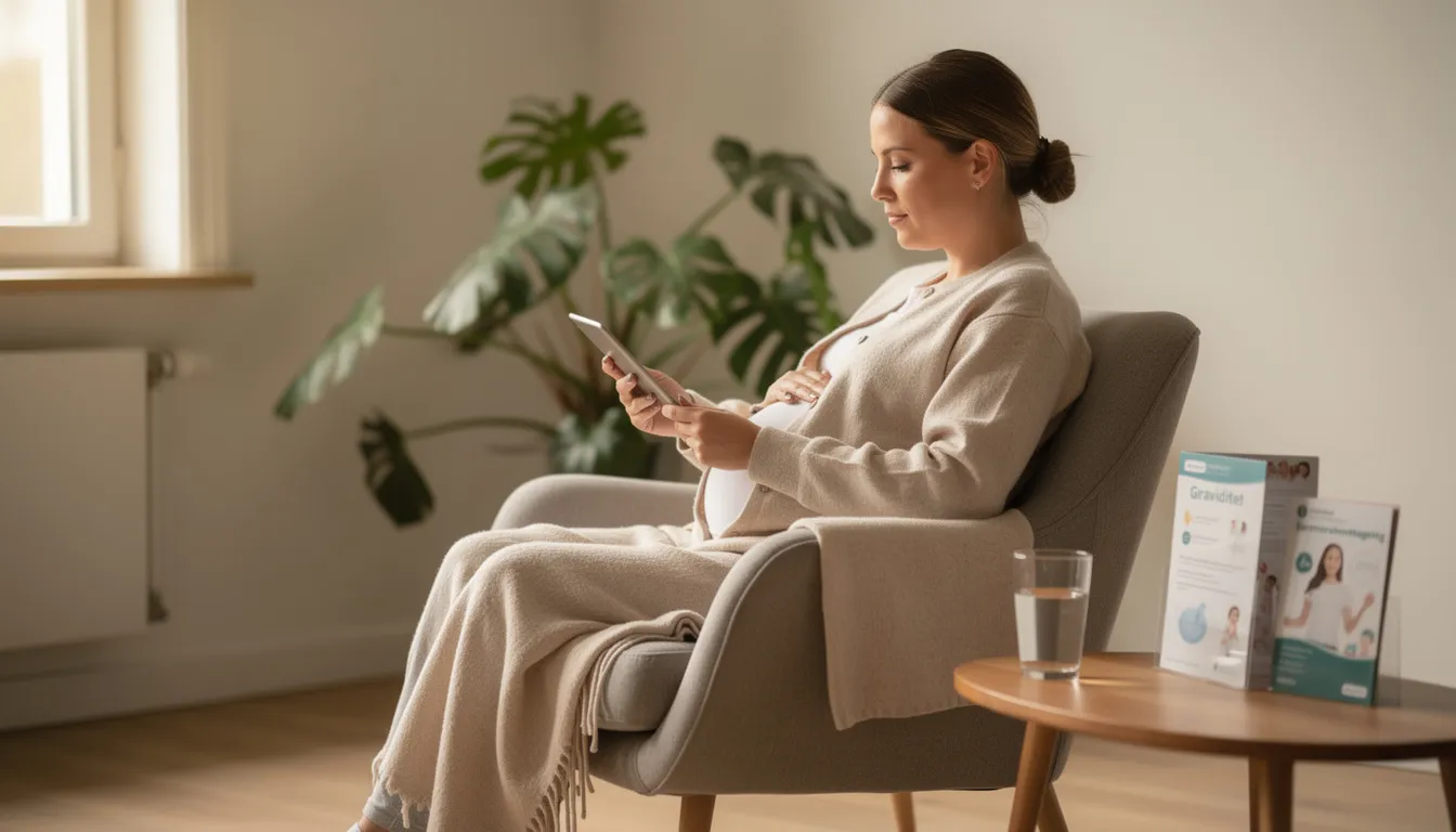 En gravid kvinna sitter i en lugn miljö och läser information på en surfplatta om kombinerat ultraljud och blodprov, som används för att bedöma sannolikheten för kromosomavvikelser hos fostret. Hon verkar fokuserad och intresserad av att veta mer om fosterdiagnostik och de tester som erbjuds under graviditeten.