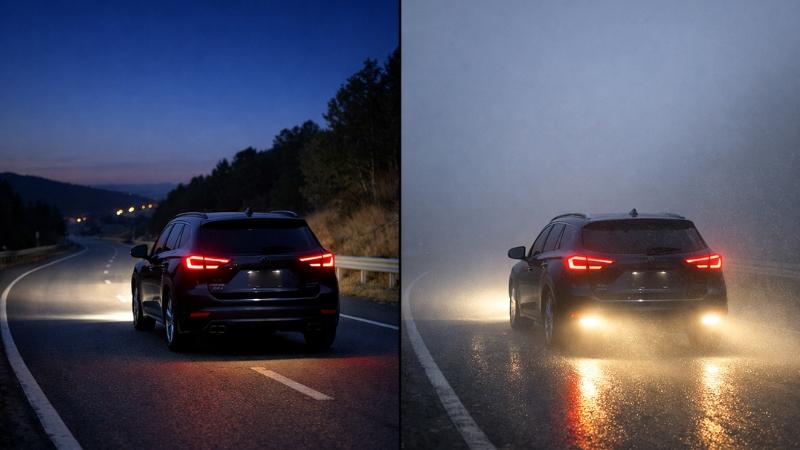 A car with its fog light off vs a car with its fog lights on